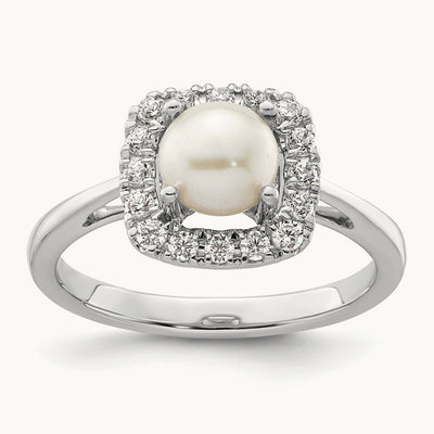 June Birthstone Freshwater Cultured Pearl Halo Ring, 0.25 ct tw Lab-Grown Diamond