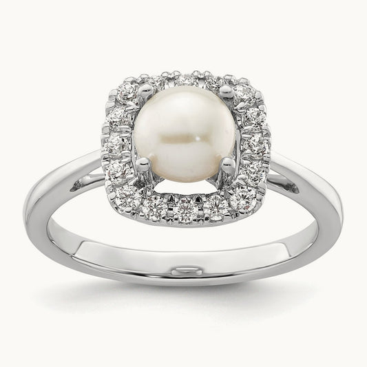 June Birthstone Freshwater Cultured Pearl Halo Ring, 0.25 ct tw Lab-Grown Diamond
