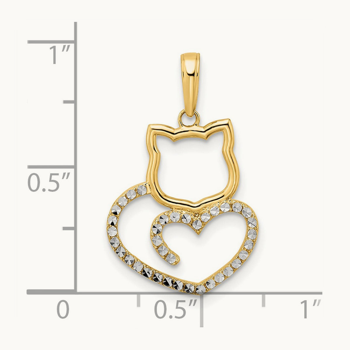 Diamond-cut Cat Heart Pendant, 14K with White Rhodium