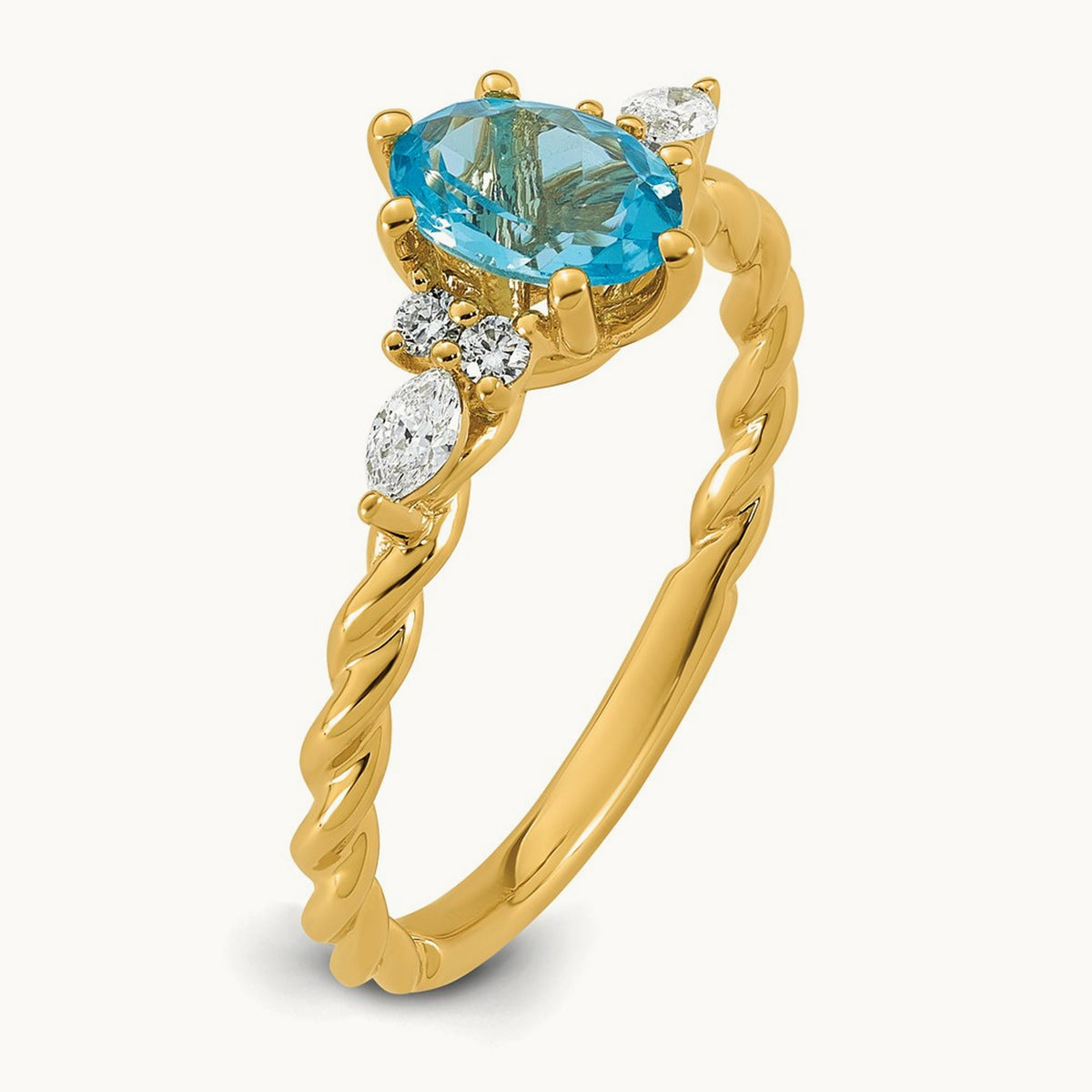 Polished Diamond and Blue Topaz Twisted Ring — 14K Yellow Gold