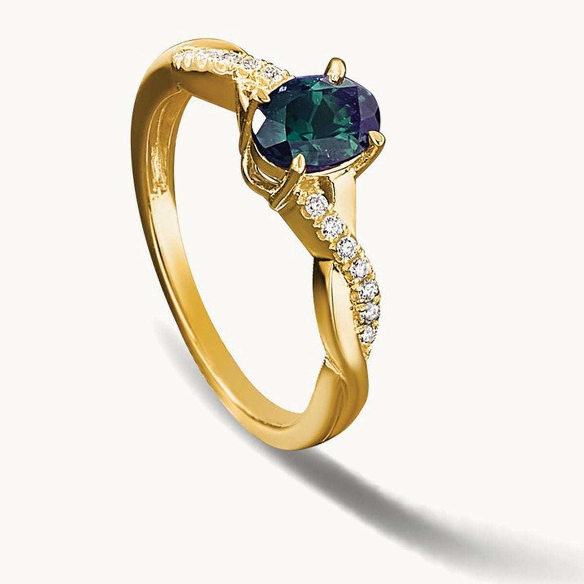 Oval Created Alexandrite and Lab-Grown Diamond Ring — 14K Yellow Gold, 7