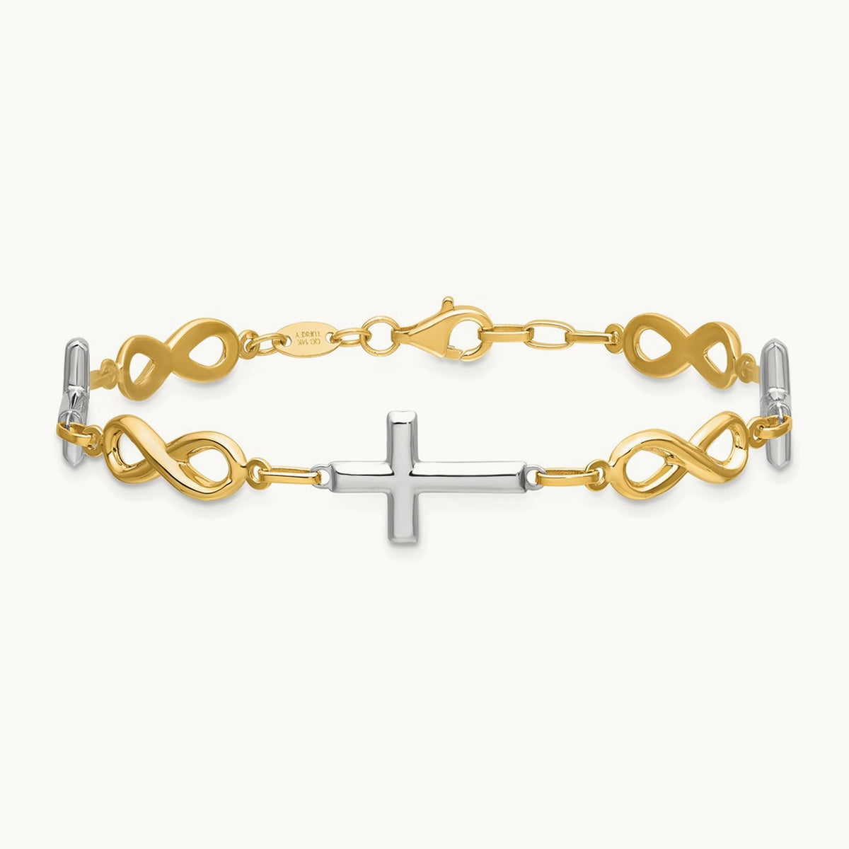 w/ Rhodium Polished Cross Infinity Symbol Link Bracelet, 14K