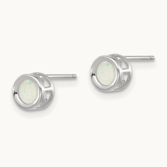 Bezel October/Opal Post Earrings, 4mm, 14K White Gold