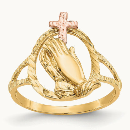 Diamond Cut Praying Hands Cross Ring, 14K Two-tone