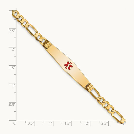 Medical Soft Diamond Shape Red Enamel Flat Figaro Link ID Bracelet, 14K