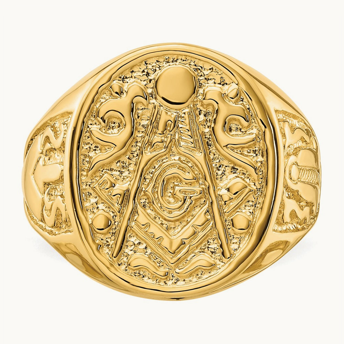 Men's Polished and Grooved (Not Enameled) Masonic Ring, 14K