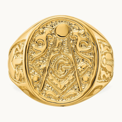 Men's Polished and Grooved (Not Enameled) Masonic Ring, 14K