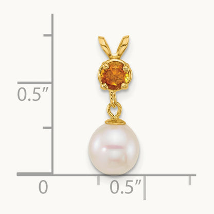 7- Round White FWC Pearl and Citrine Pendant, 8mm, 14K