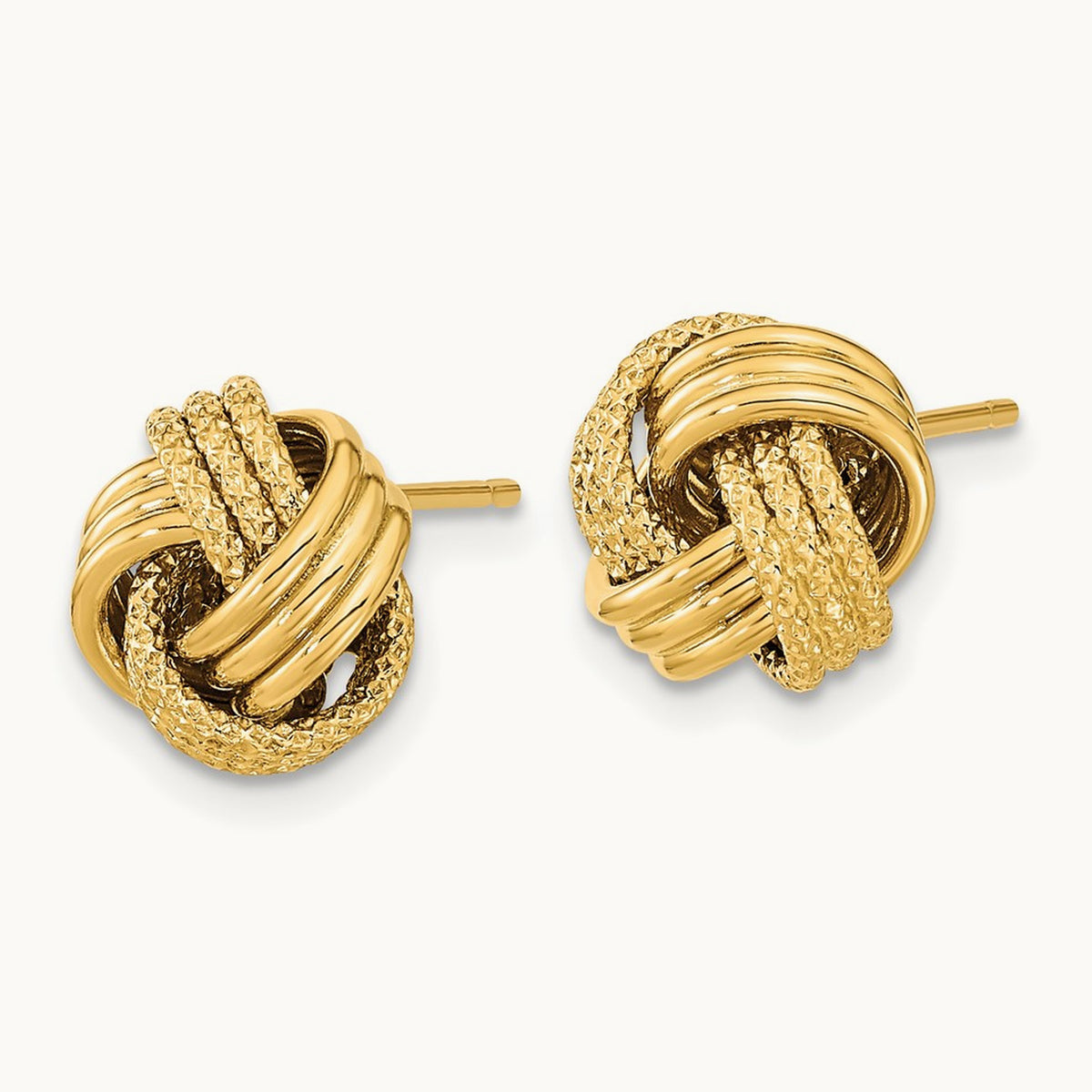 Polished Textured Love Knot Post Earrings — 14K Yellow Gold, 10mm