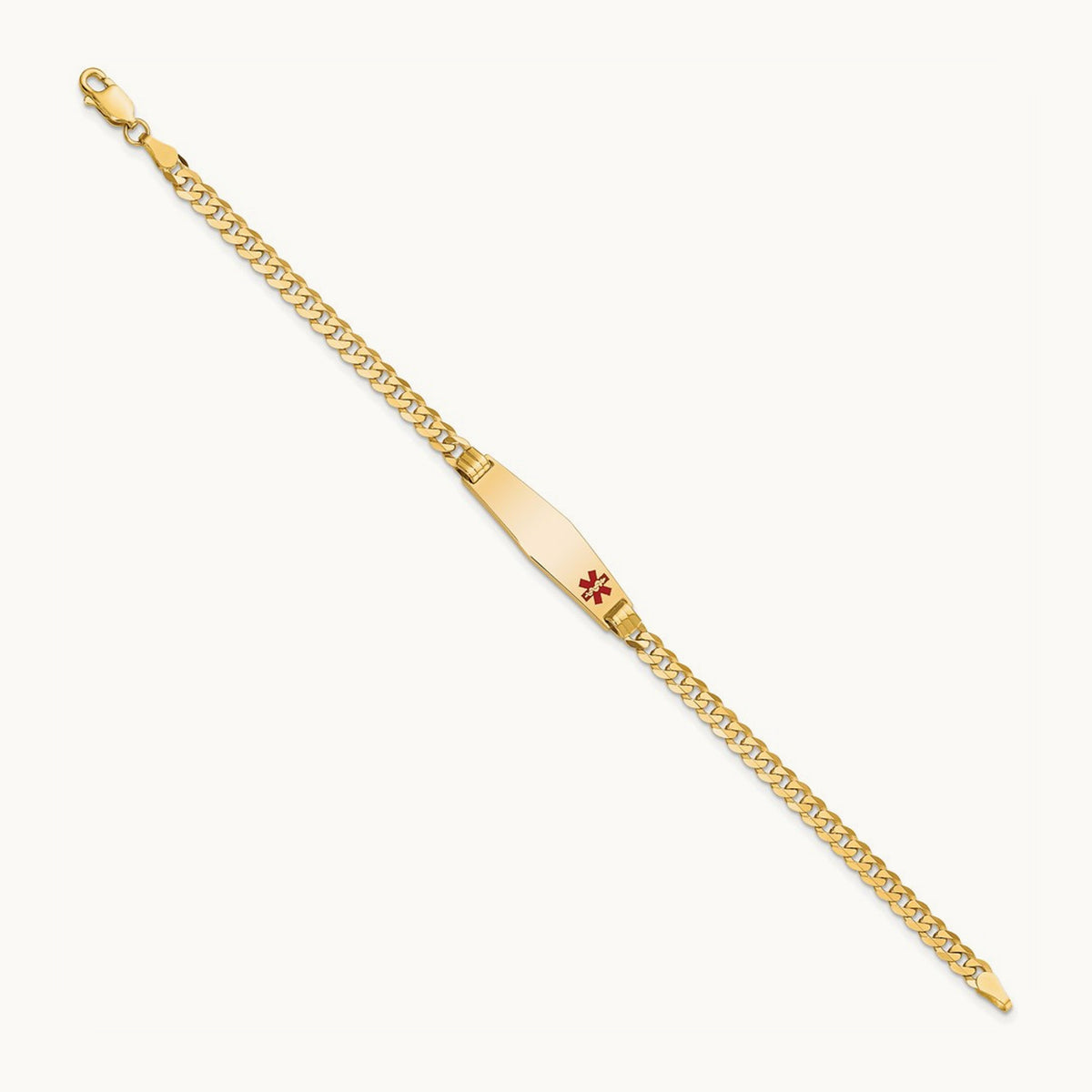 Medical Soft Diamond Shape Red Enamel Curb Link ID Bracelet, 14K
