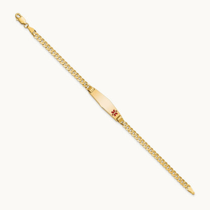 Medical Soft Diamond Shape Red Enamel Curb Link ID Bracelet, 14K