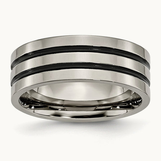 Polished Black Enamel Grooved Flat Band, 8mm, Titanium