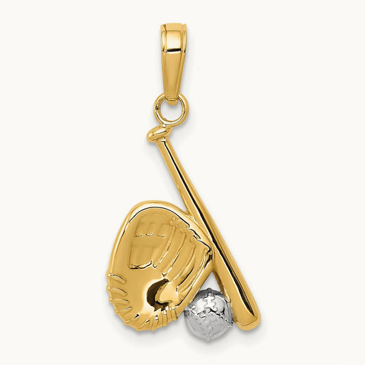 w/Rhodium Baseball, Bat, and Glove Pendant, 14K