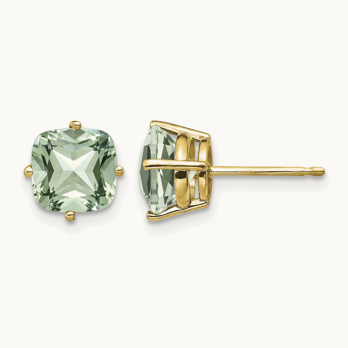 Cushion Green Quartz Earring, 7mm, 14K