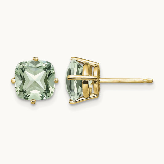 Cushion Green Quartz Earring, 7mm, 14K