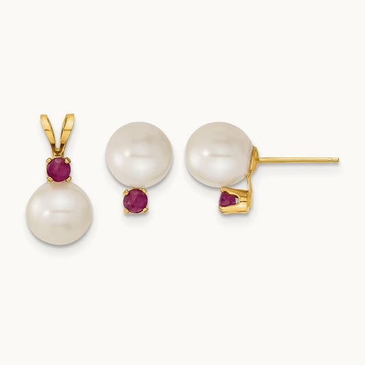 7- White FW Cultured Pearl & Ruby Stud Earrings & Pendant, 8mm, 14K