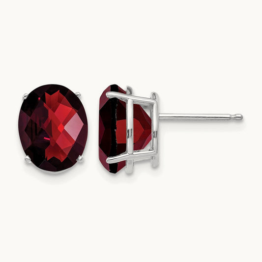 10x8mm Oval Garnet Checker Earrings, 14K White Gold