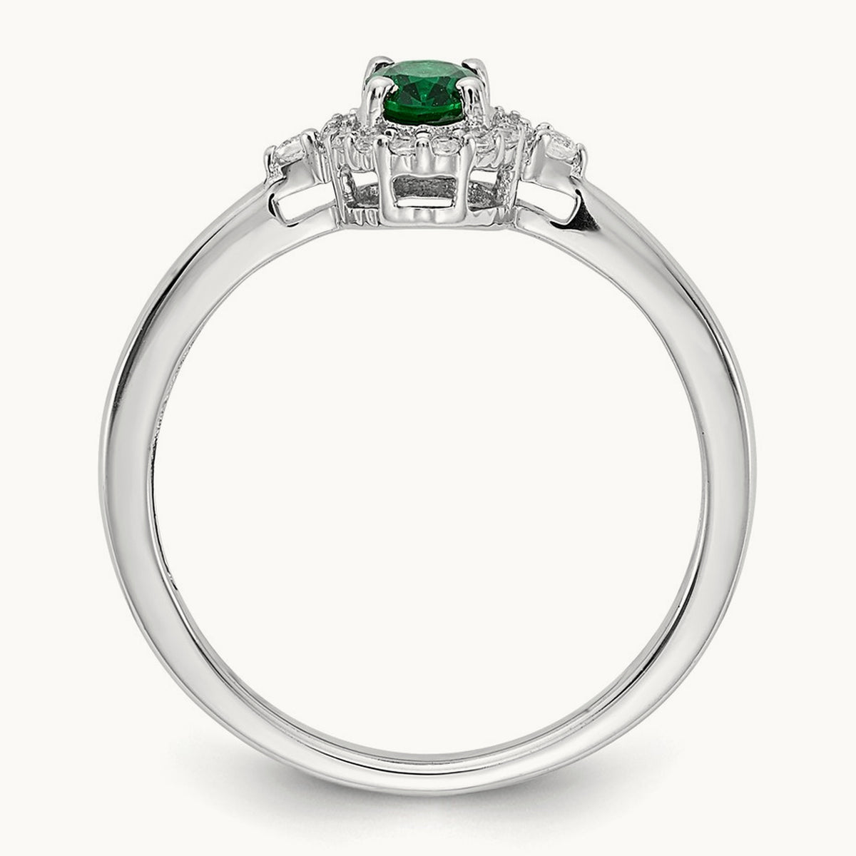 Oval Emerald and Diamond Halo Ring, 14K White Gold