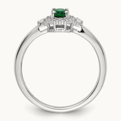 Oval Emerald and Diamond Halo Ring, 14K White Gold