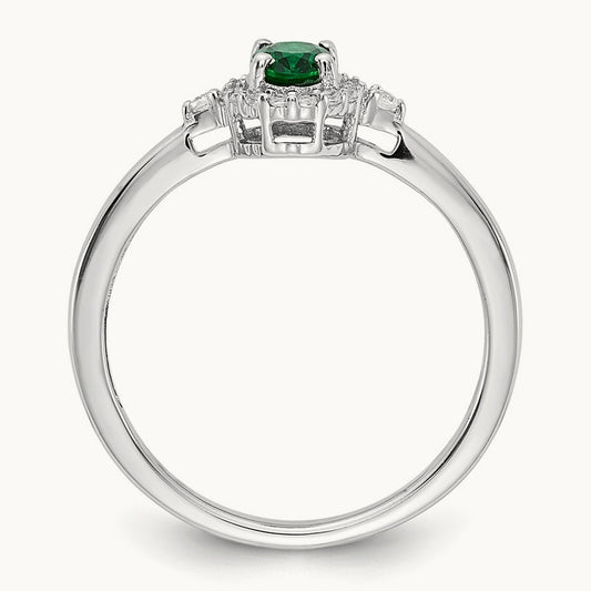 Oval Emerald and Diamond Halo Ring, 14K White Gold