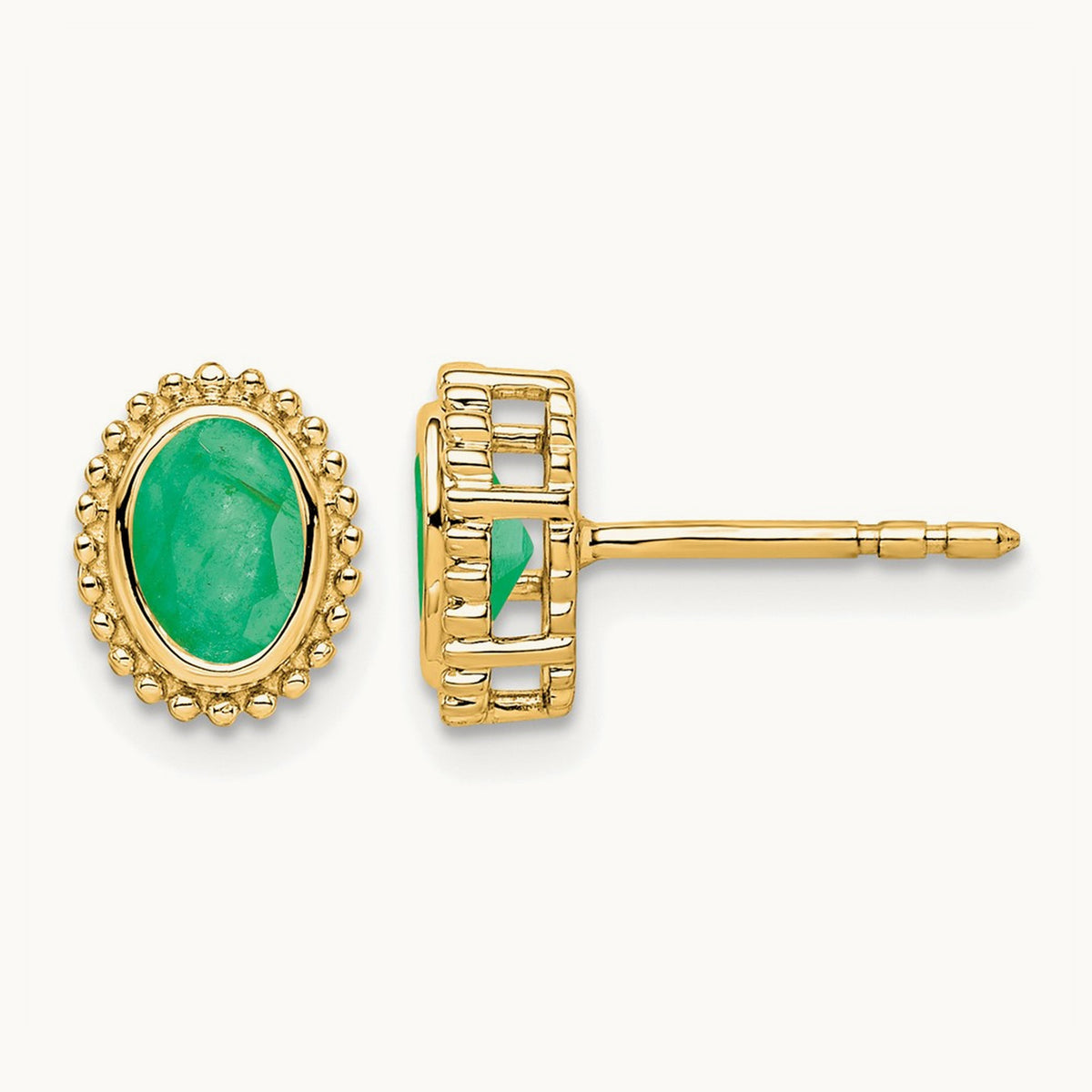 Oval Emerald Post Earrings — 14K Yellow Gold