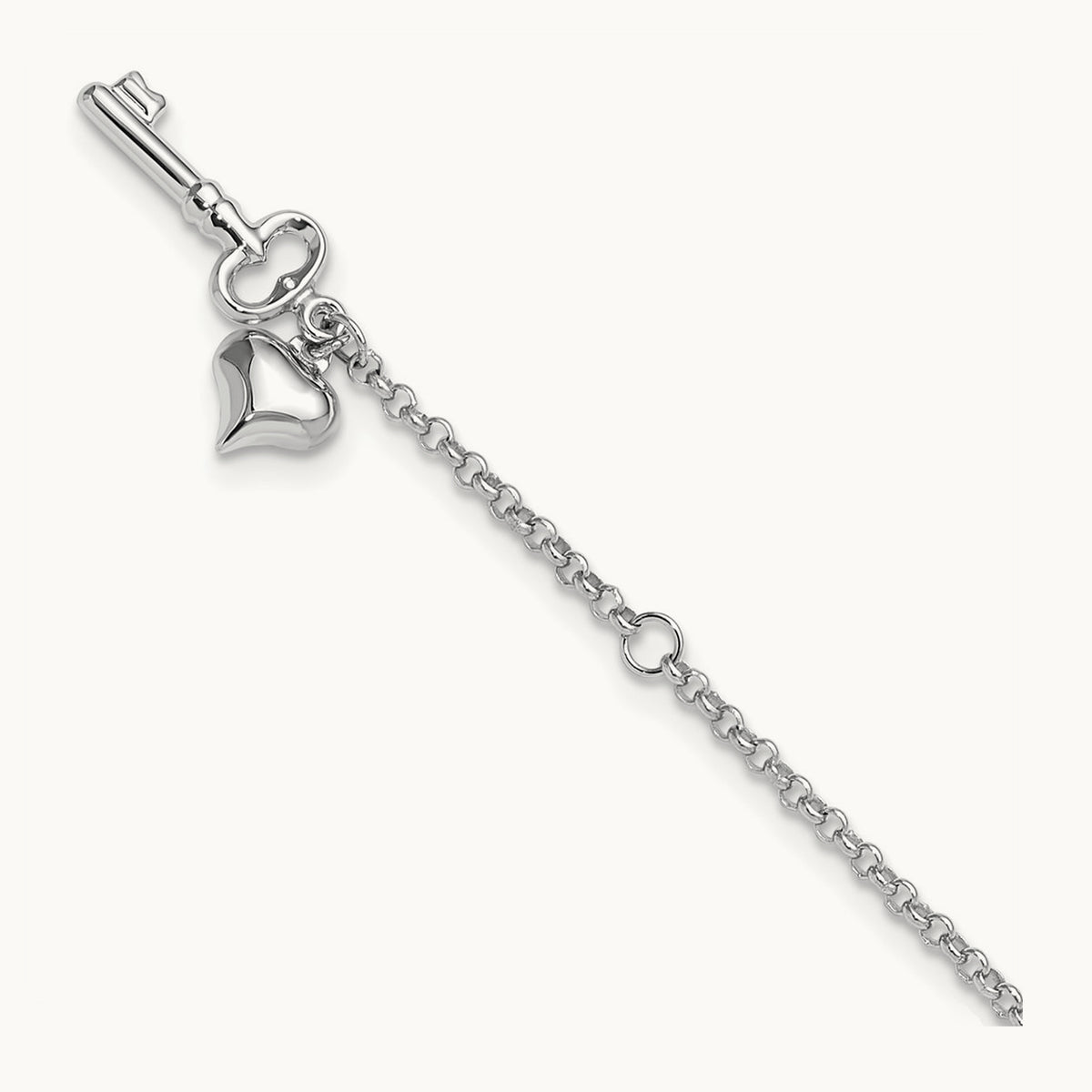 Adj Polished Puffed Heart Key 9in Plus 1in ext. Anklet, 14K White Gold