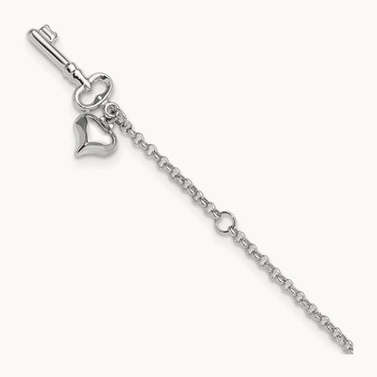 Adj Polished Puffed Heart Key 9in Plus 1in ext. Anklet, 14K White Gold