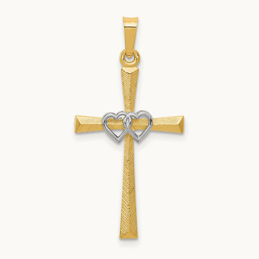 Textured and Polished Latin Cross w/ Hearts Pendant, 14K Two-tone
