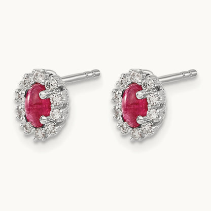 Diamond and Ruby Oval Halo Earrings — 14K White Gold