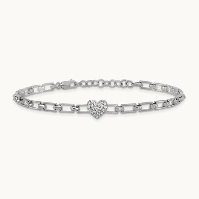 Polished Diamond Heart Cluster Fancy Link with 1in ext. Brac, 14K White Gold