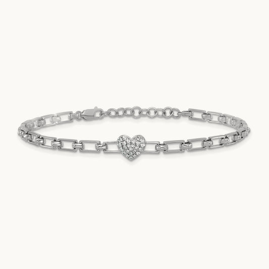 Polished Diamond Heart Cluster Fancy Link with 1in ext. Brac, 14K White Gold