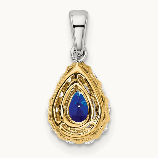 Pear Sapphire and Diamond Halo Pendant, 14K Two-tone