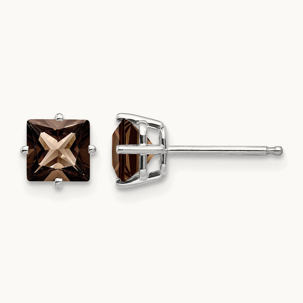 Square Smoky Quartz Earrings, 5mm, 14K White Gold