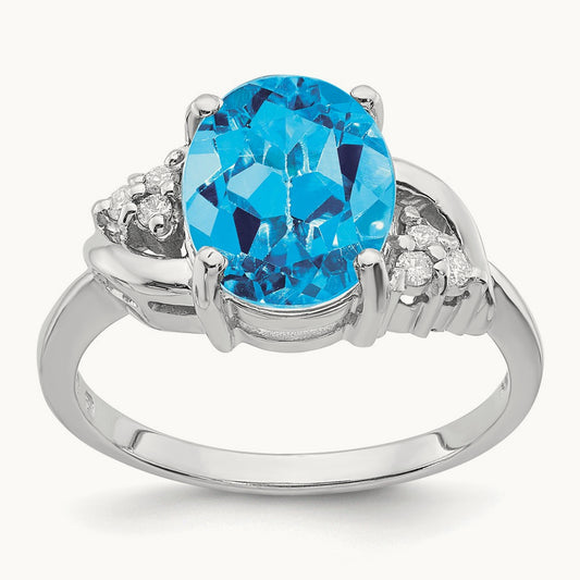 10x8mm Oval Blue Topaz AA Diamond ring, 14K White Gold