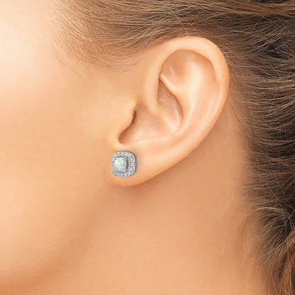 Oct Birthstone Created Opal Post Earrings, 0.25 ct tw Lab-Grown Diamond — 14K White Gold