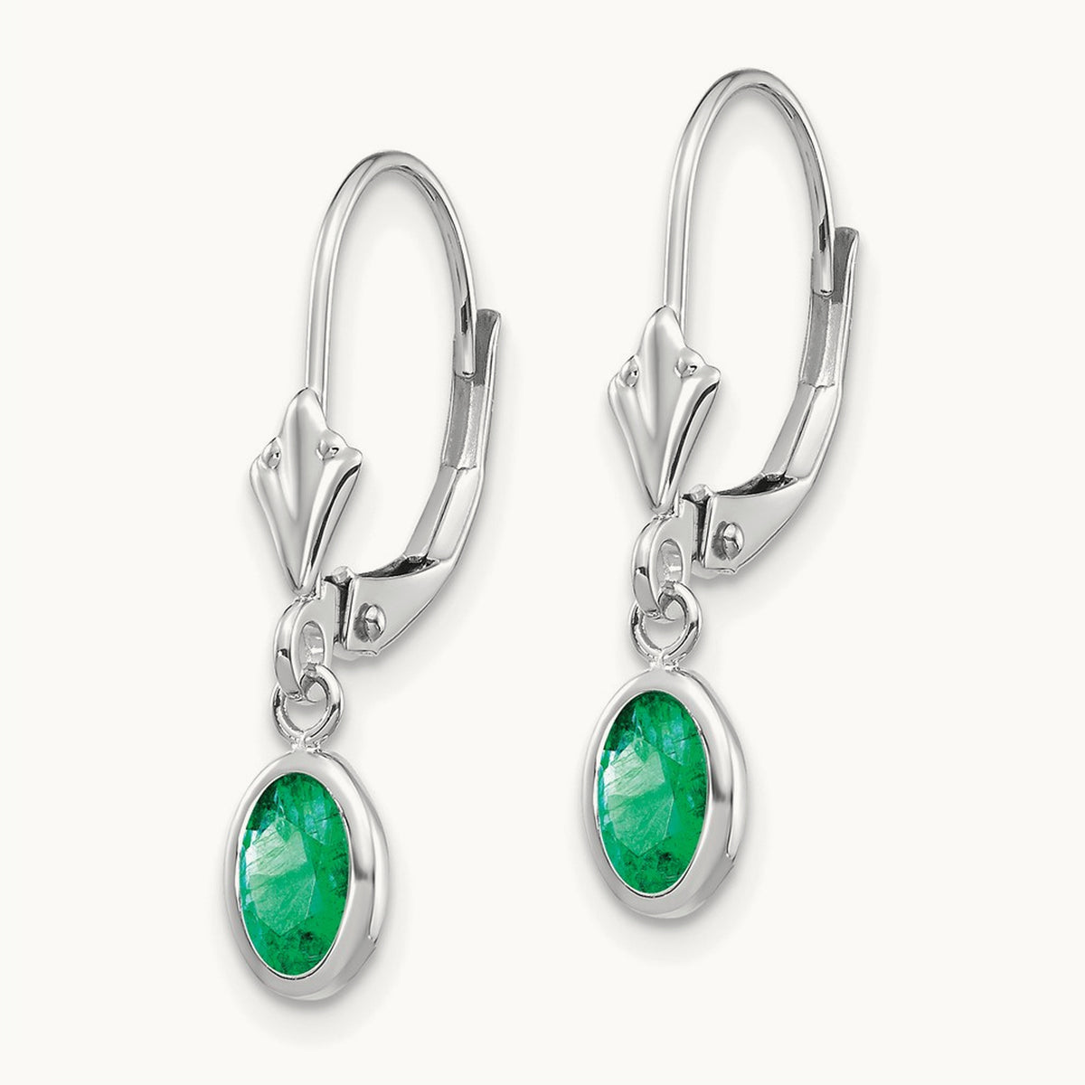 6x4 Oval Bezel May/Emerald Leverback Earrings — 14K White Gold