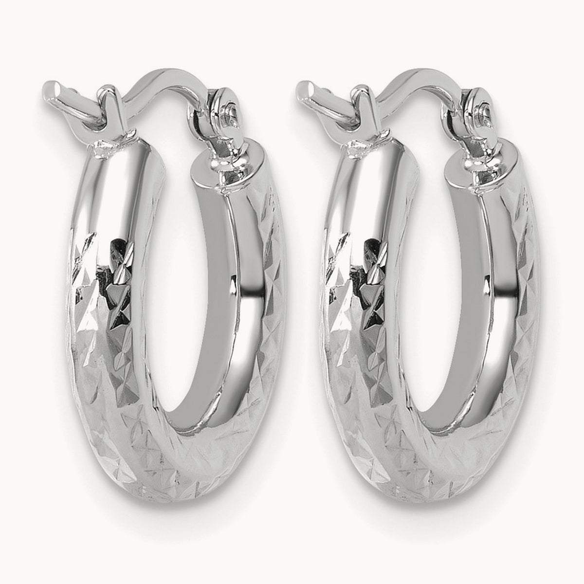 Diamond-cut Round Hoop Earrings — 10K White Gold