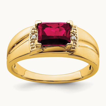Emerald-cut Created Ruby and Diamond Mens Ring, 14K