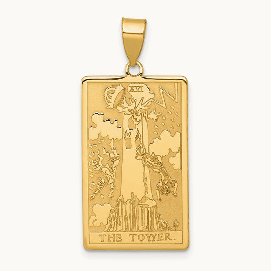 The Tower Tarot Card Pendant, 14K Yellow Gold