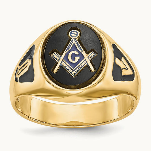 Men's Polished & Textured w/ Black Enamel & Onyx Masonic Ring, 14K