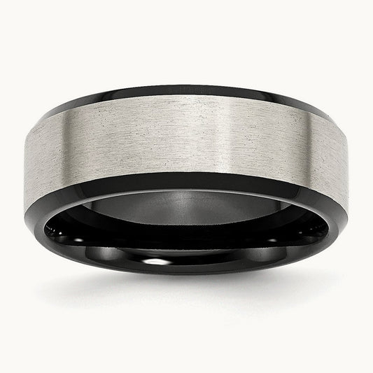 Polished Black IP w/Brushed Center Beveled Edge Band, 8mm, Stainless Steel