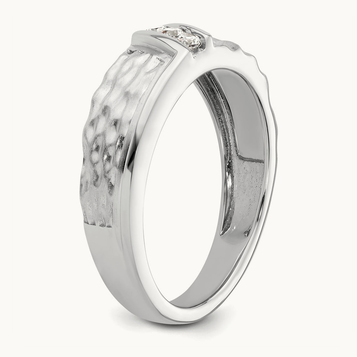 Polish & Satin Hammered Diamond Mens Wedding Band, 14K White Gold