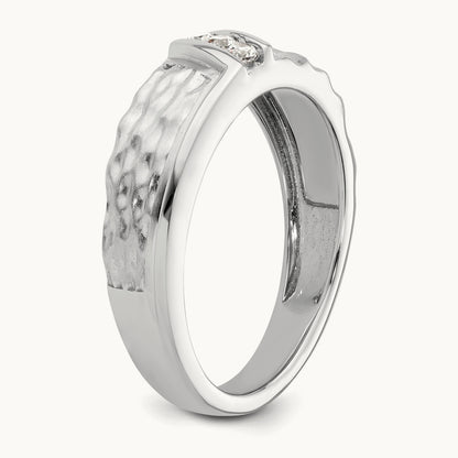 Polish & Satin Hammered Diamond Mens Wedding Band, 14K White Gold