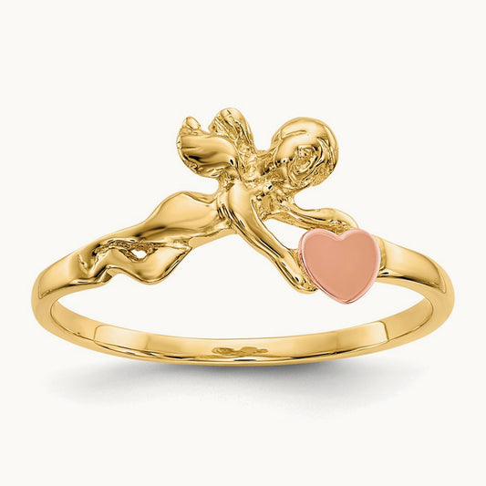 Angel & Satin Heart Ring, 14K Two-tone