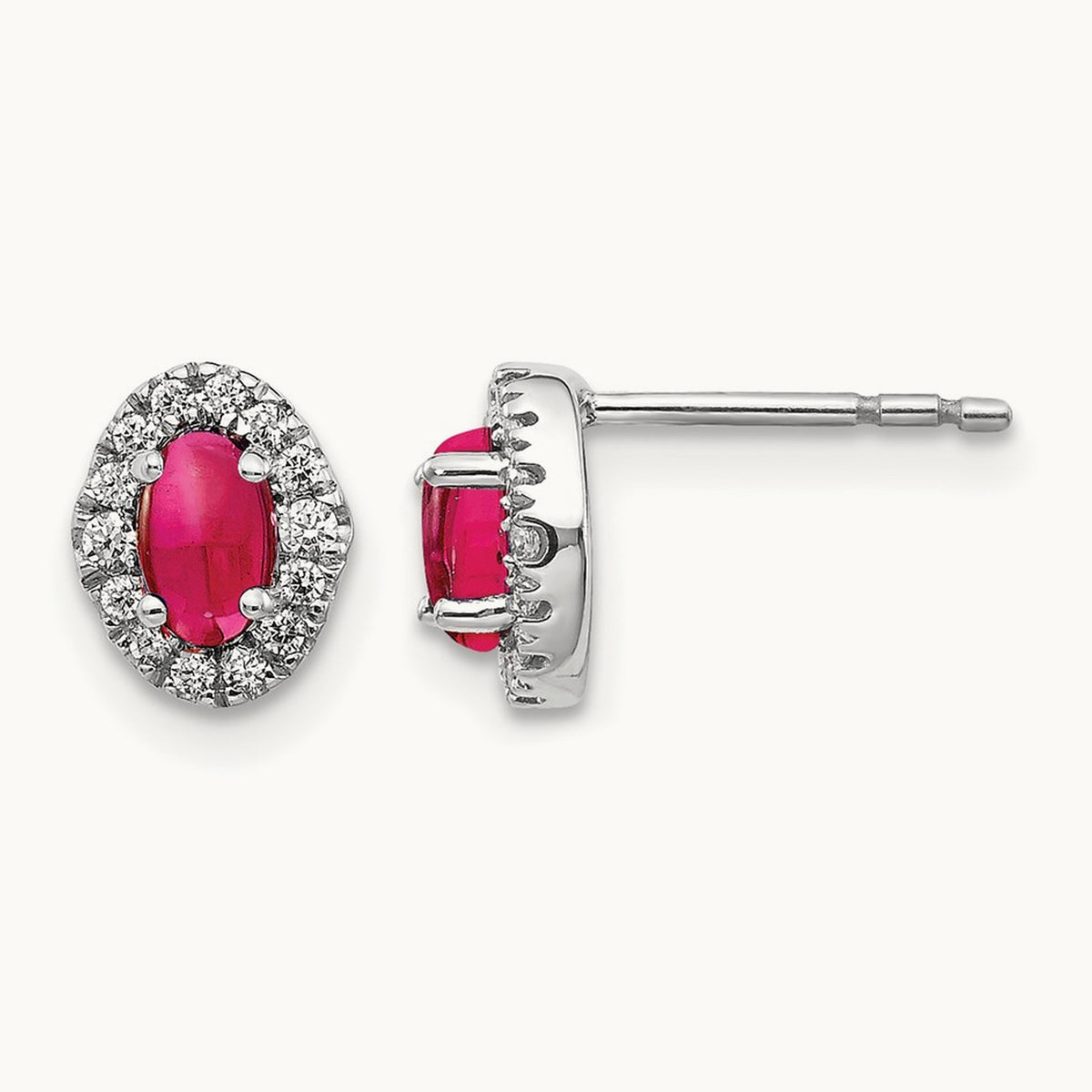 Created Ruby Halo Post Earrings, 0.15 ct tw Lab-Grown Diamond