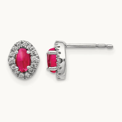 Created Ruby Halo Post Earrings, 0.15 ct tw Lab-Grown Diamond