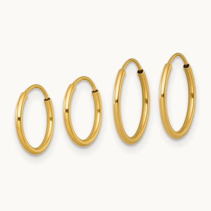Polished Set of Two Pairs Endless Hoop Earrings, 1mm, 14K