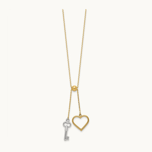 Polished Adjustable-Dangle Heart and Key Necklace, 14K Two-tone