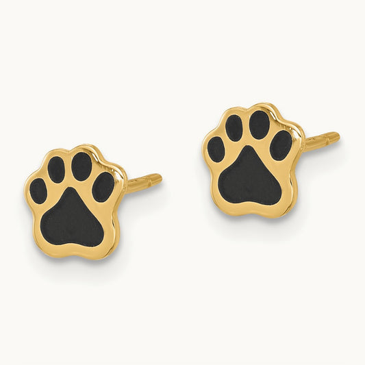 Polished Paw with Black Enamel Post Earrings, 14K