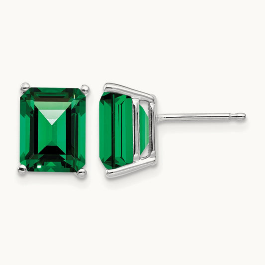 9x7mm Emerald Cut Mount St. Helens Earrings, 14K White Gold